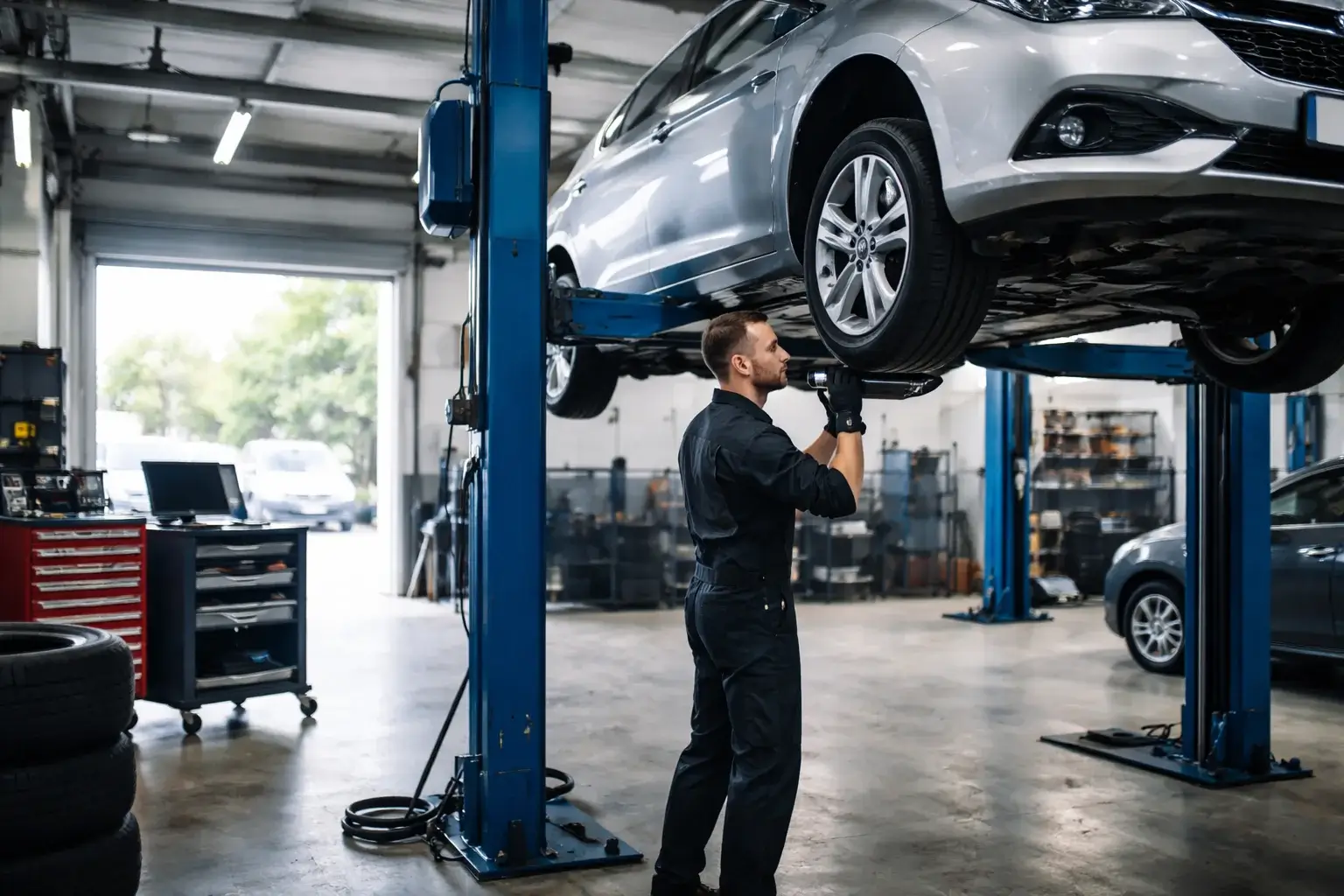 Car servicing and vehicle repairs workshop in Lowestoft with technician inspecting car on lift