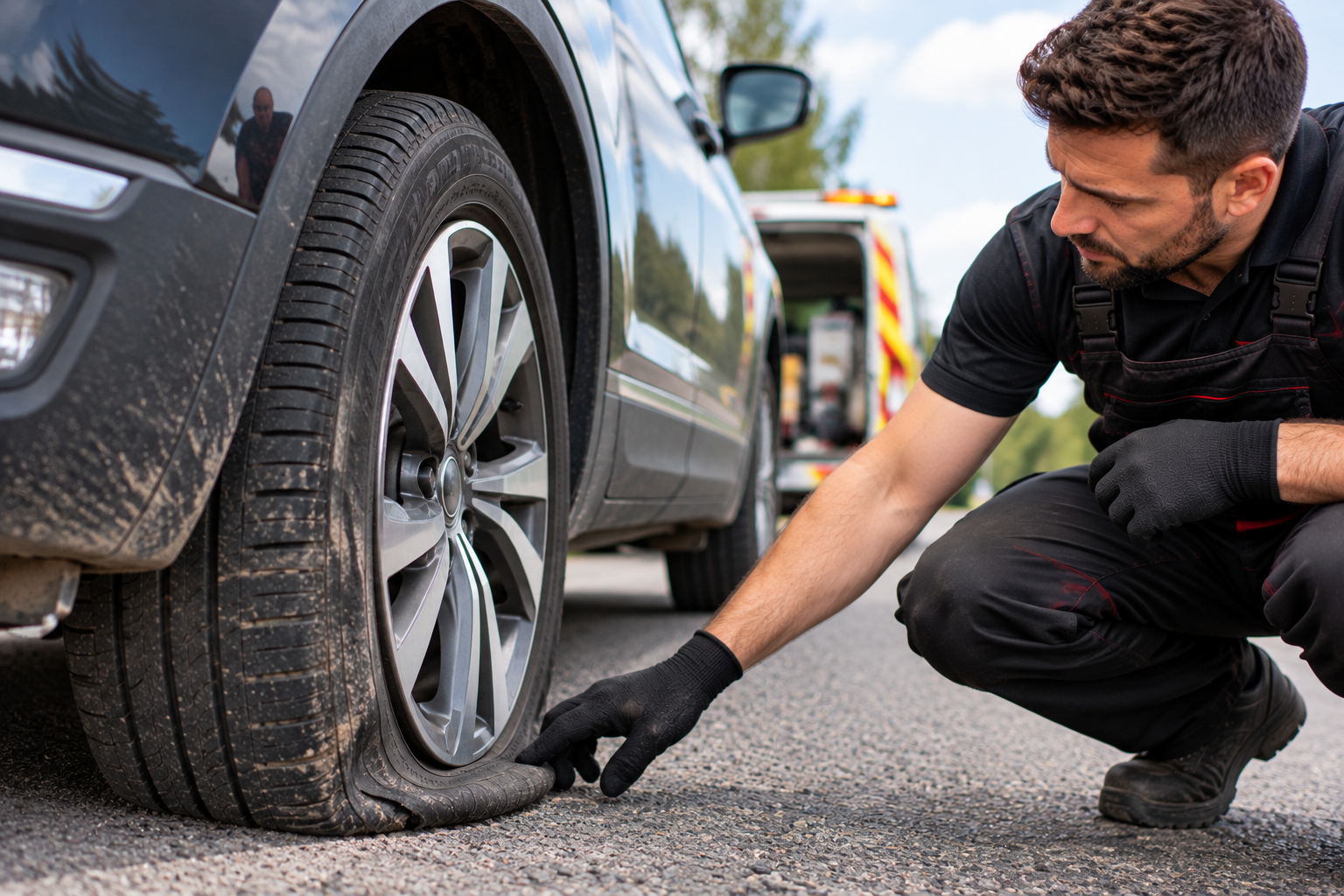 Flat or damaged tyre requiring professional inspection