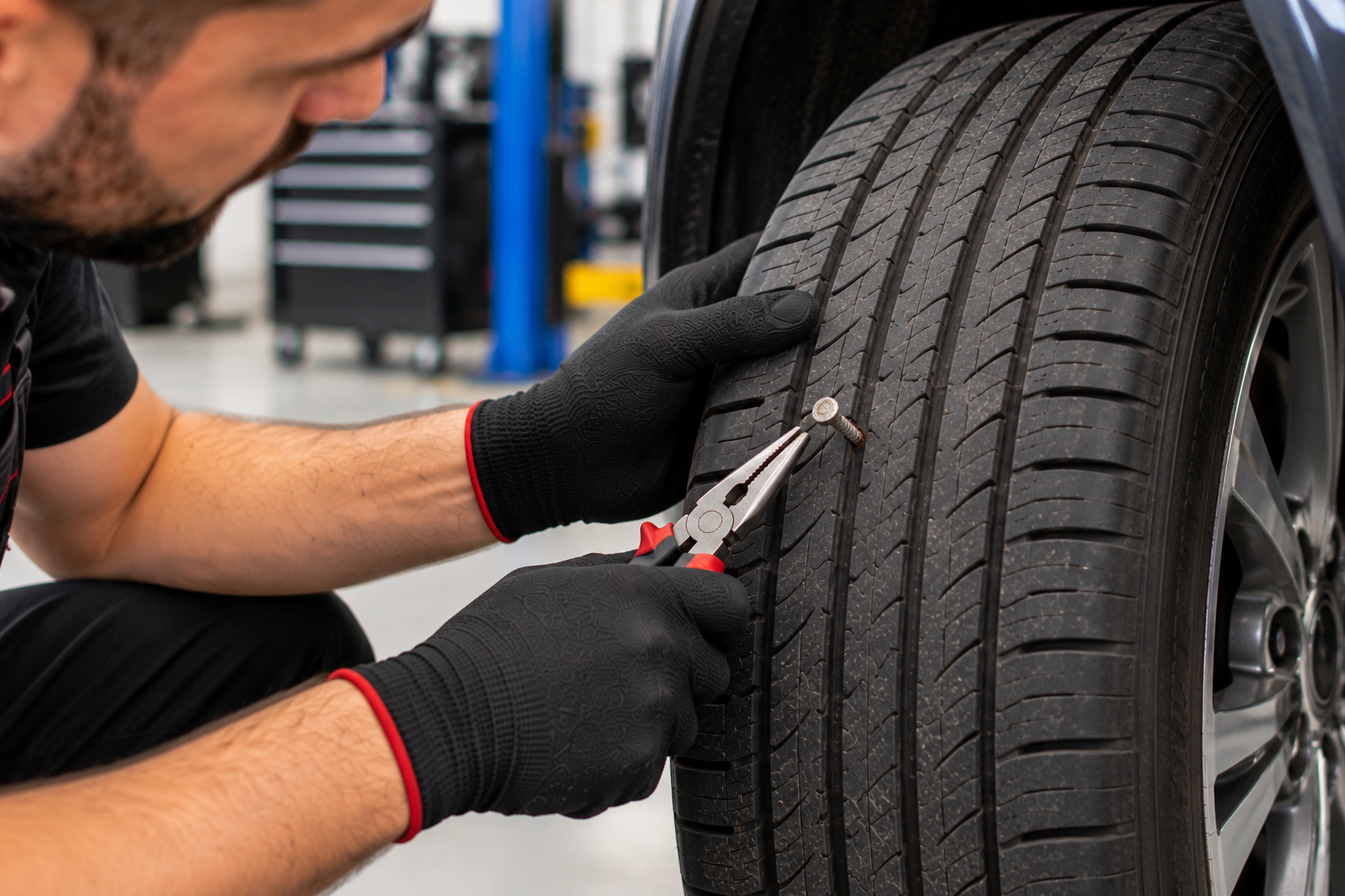Nail or screw causing a punctured car tyre