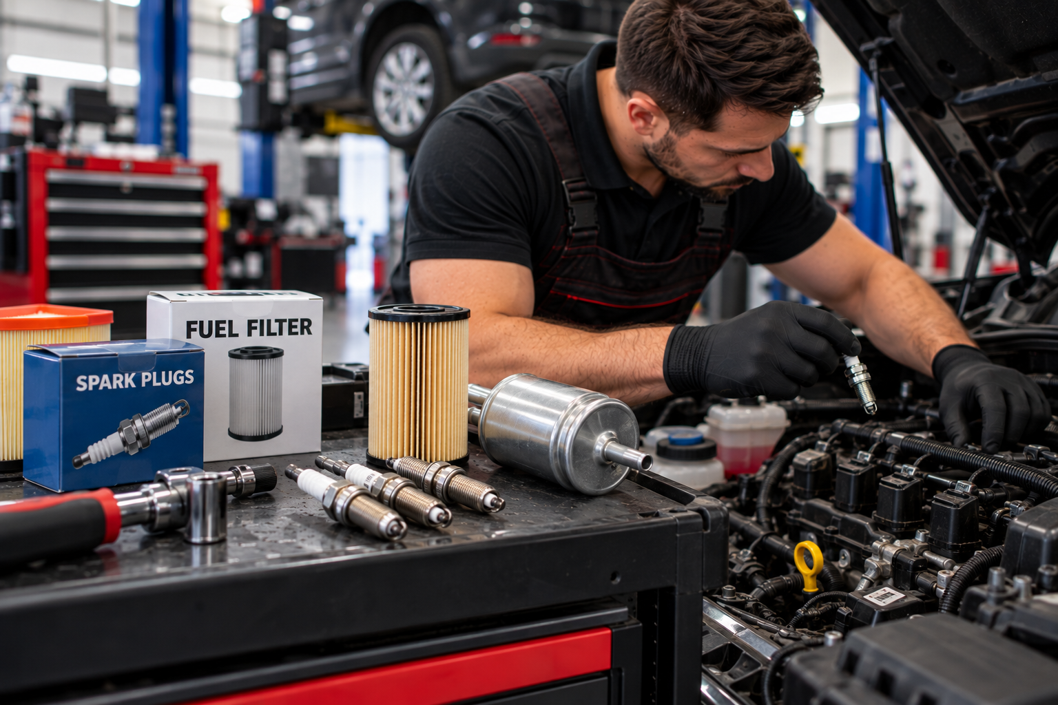 Spark plugs and fuel filter replacement during major service