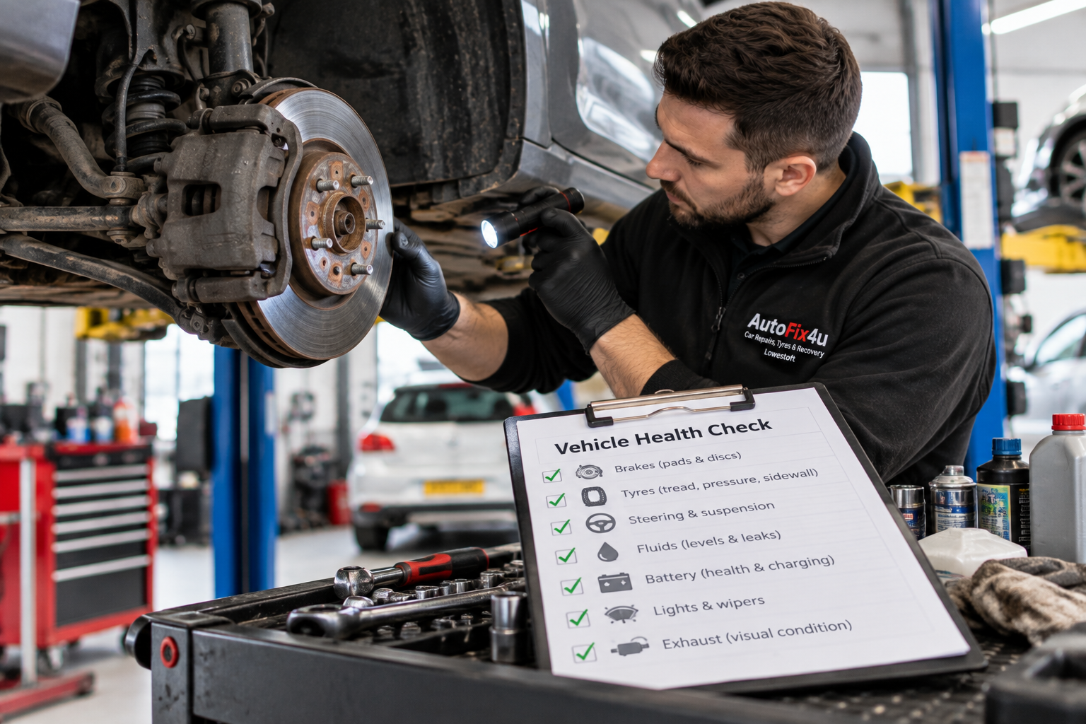 Brake and tyre inspection during vehicle health check