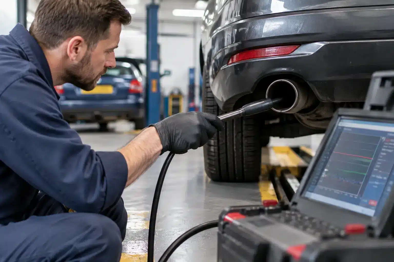 Exhaust emissions tyres battery and fluid checks during vehicle servicing