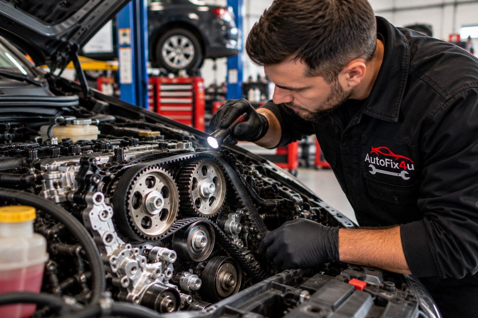 Engine inspection before cambelt replacement at AutoFix4u Garage