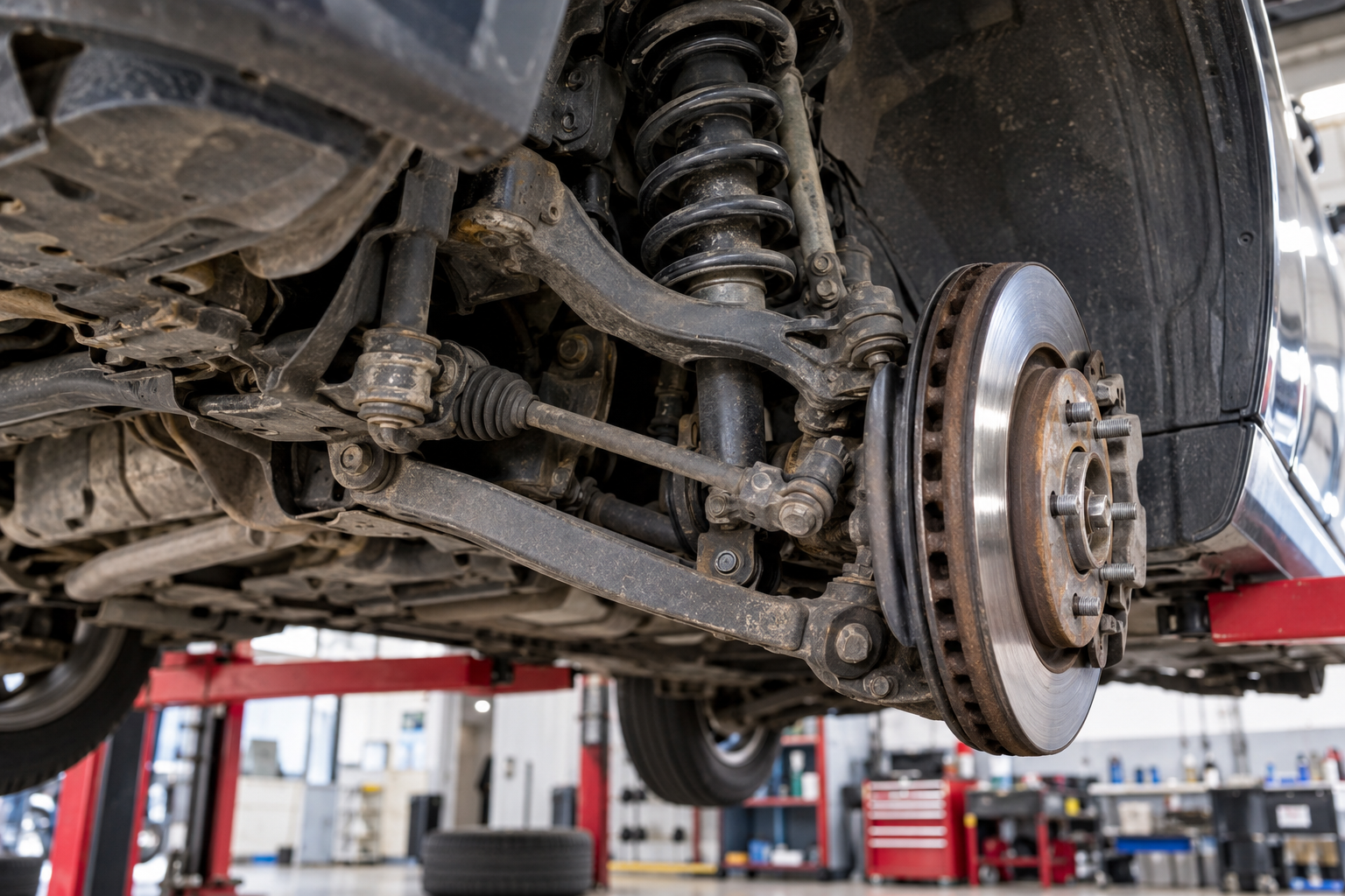 Close-up of vehicle suspension components on a workshop lift
