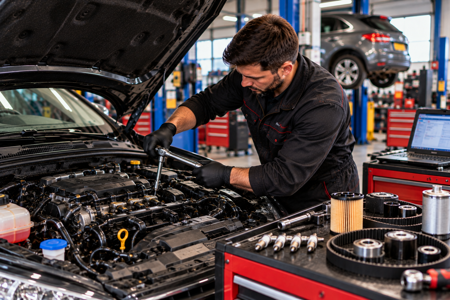Mechanic carrying out comprehensive full car service