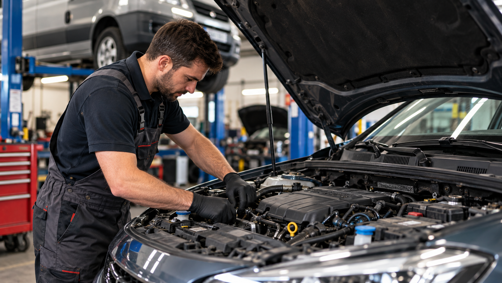 Mechanic working in a busy professional automotive repair workshop