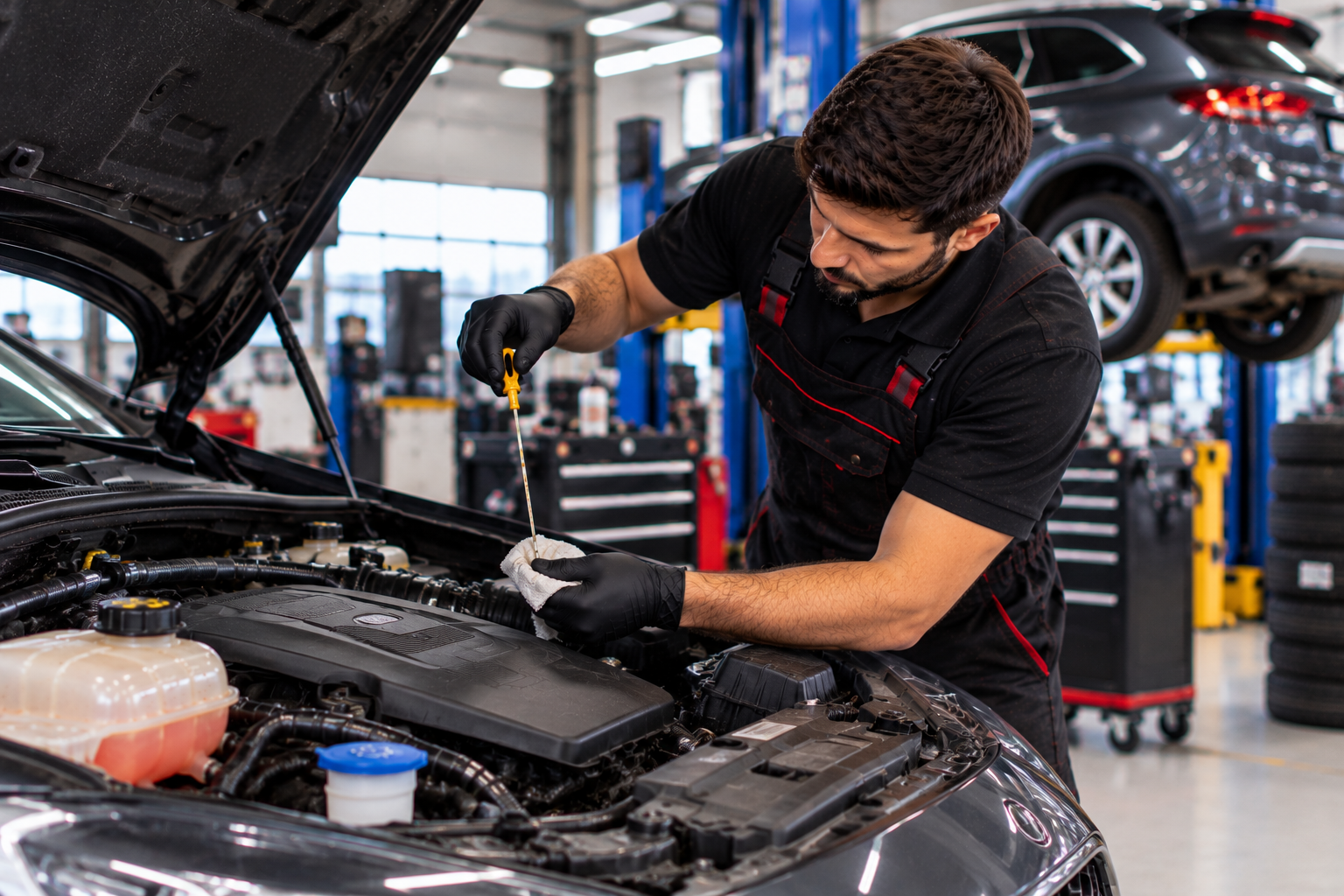 Mechanic checking vehicle engine oil during interim service