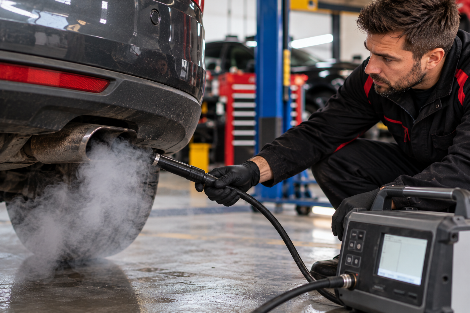 Mechanic carrying out an exhaust emissions inspection