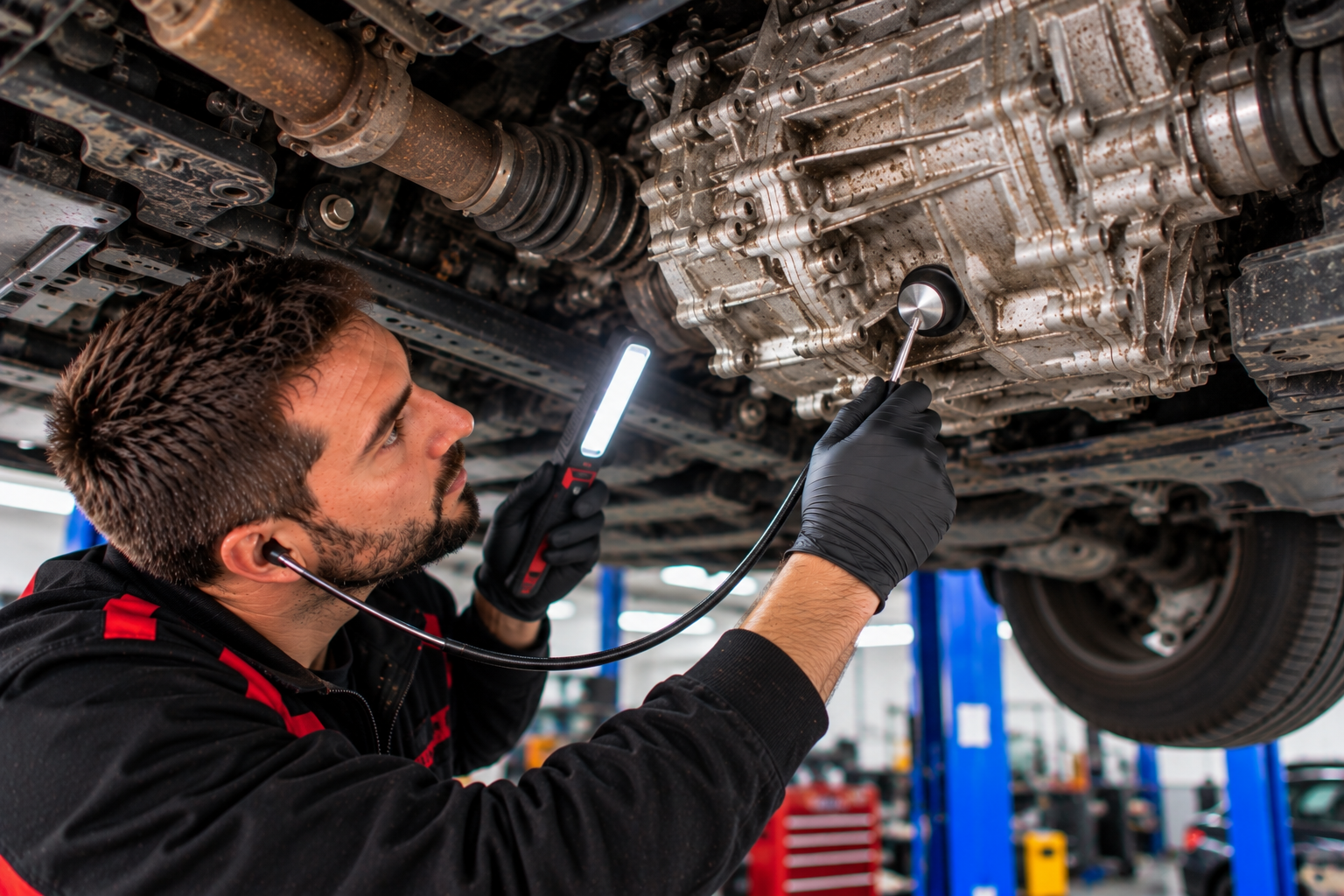 Mechanic diagnosing a car gearbox