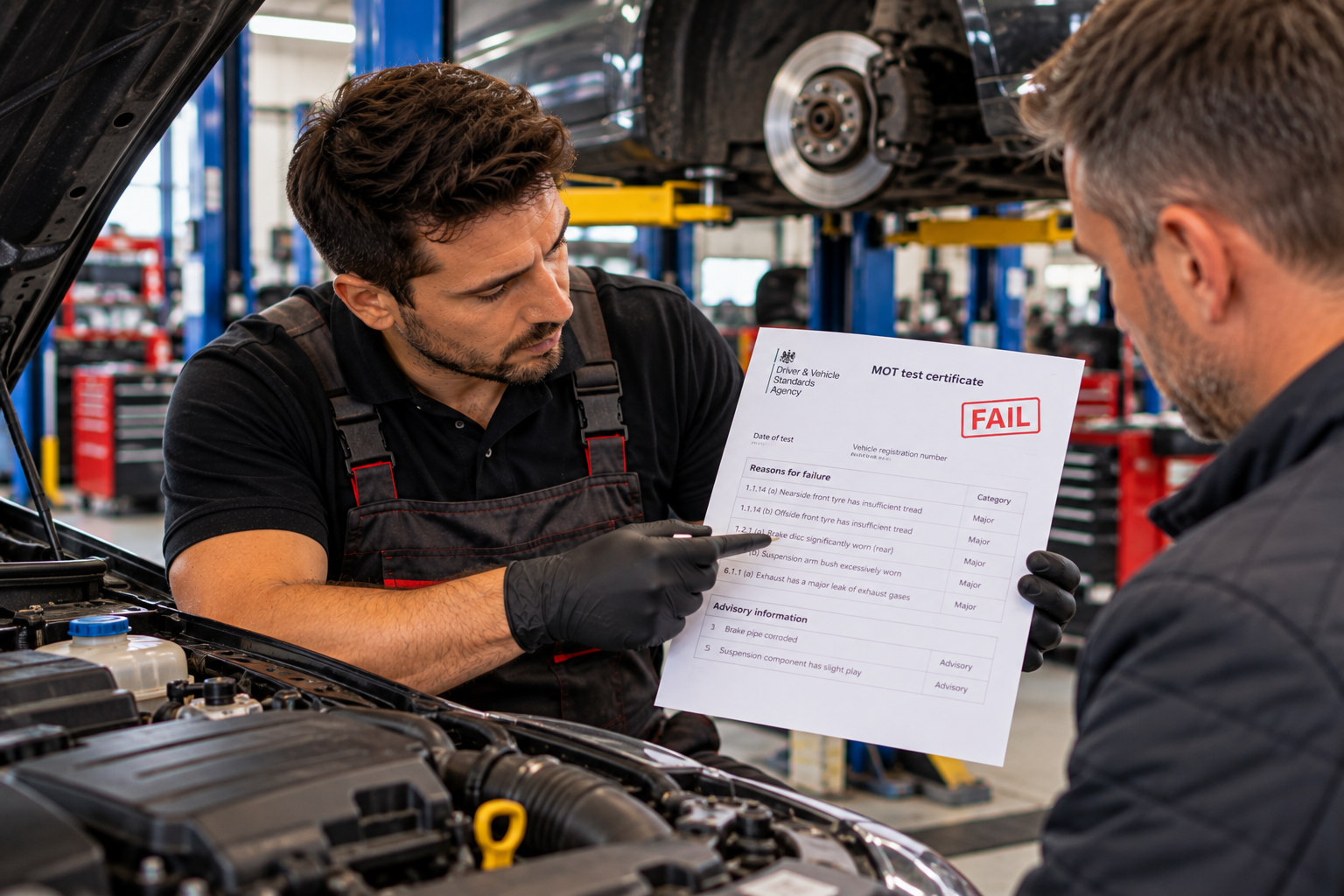 Mechanic reviewing and explaining an MOT failure certificate