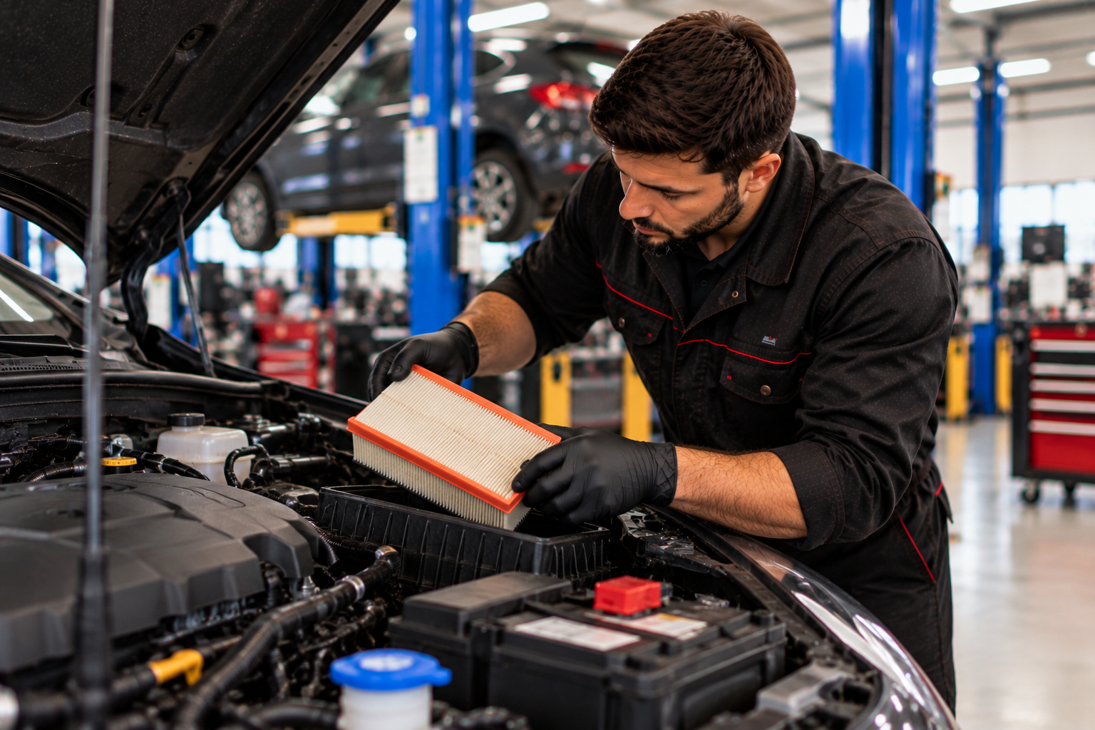 Mechanic carrying out focused vehicle maintenance in garage