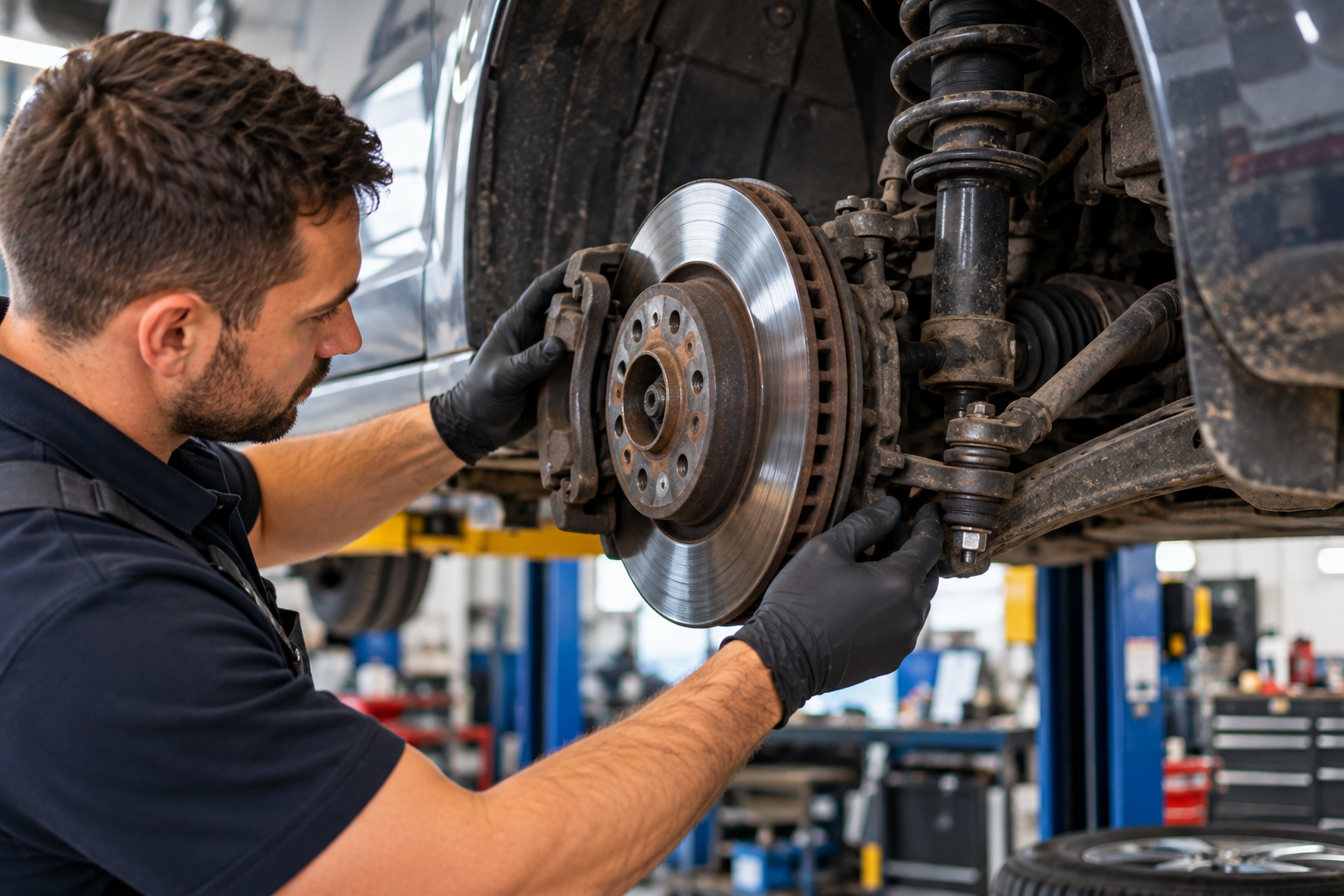 Mechanic inspecting brake and suspension components for MOT repairs
