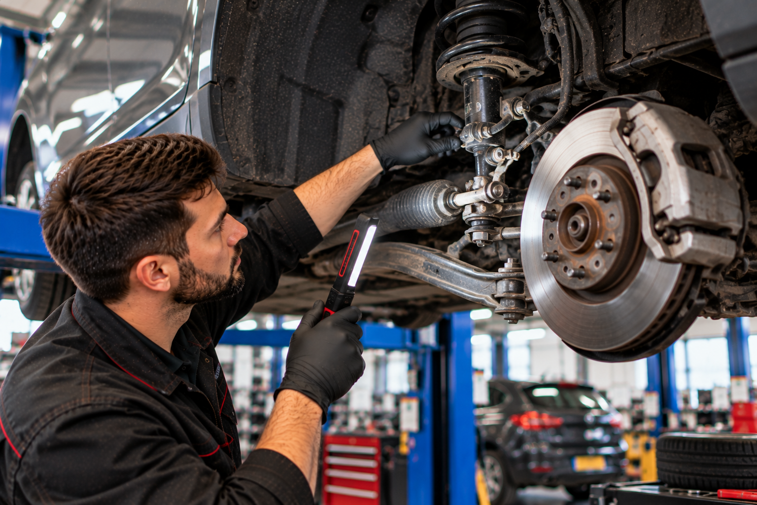 Mechanic inspecting brakes suspension and steering