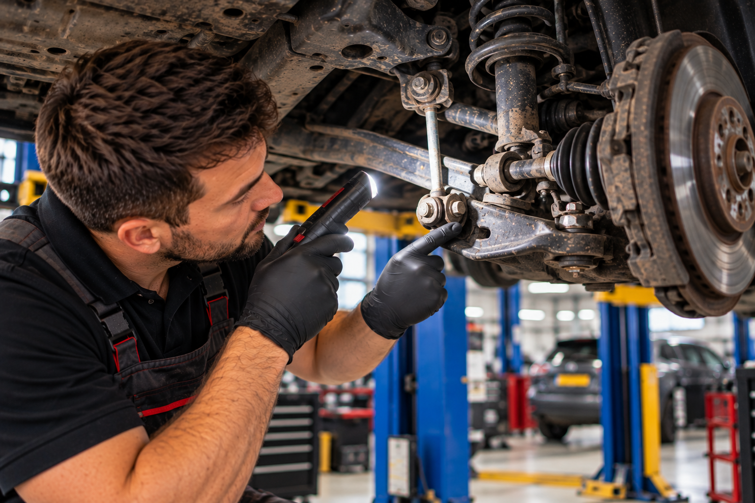 Mechanic inspecting a car suspension system for handling and stability problems