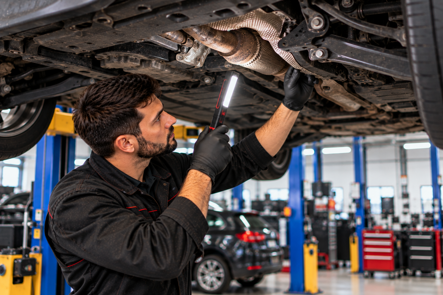 Mechanic inspecting a vehicle between annual services