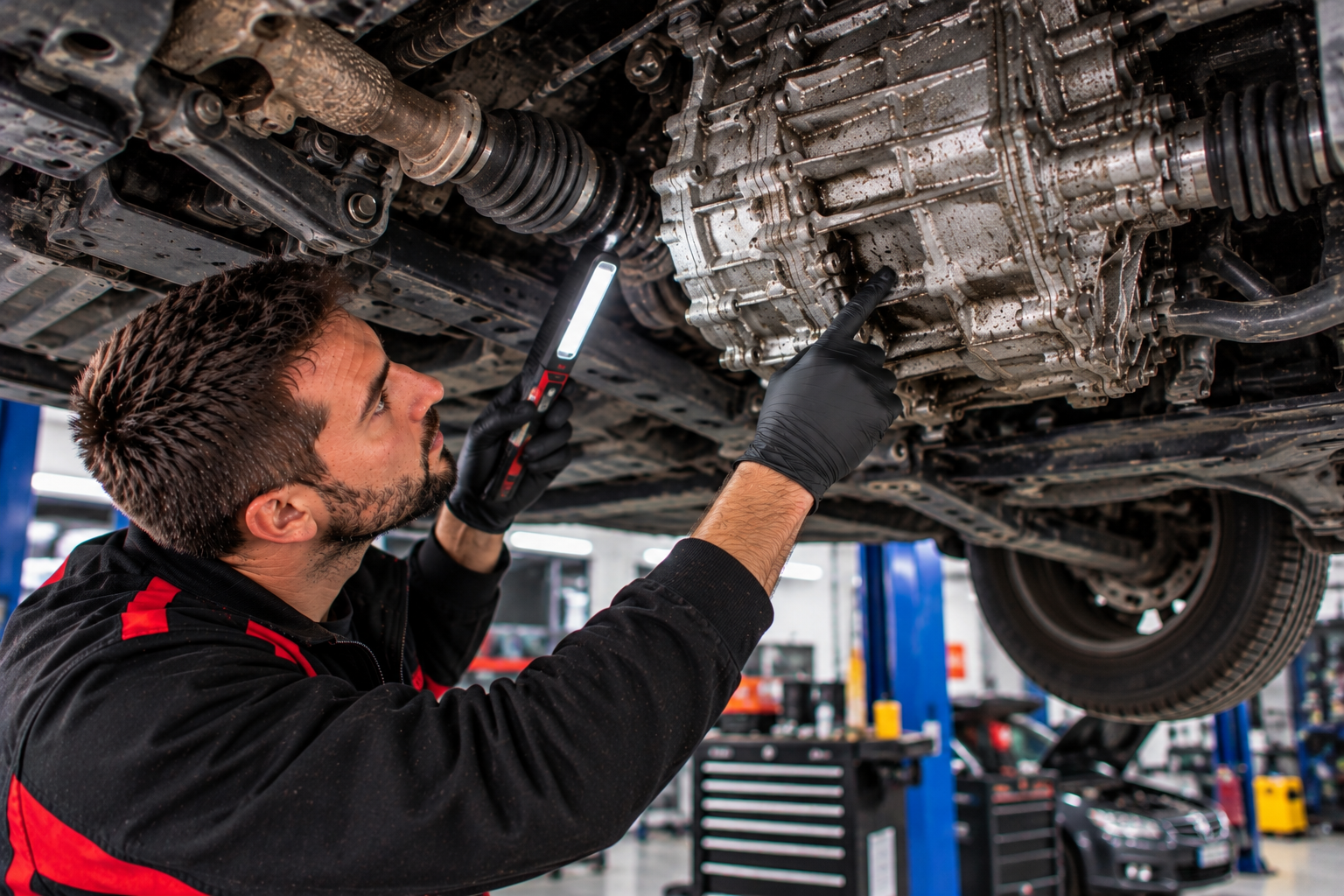 Mechanic inspecting the underside of a vehicle during gearbox diagnosis