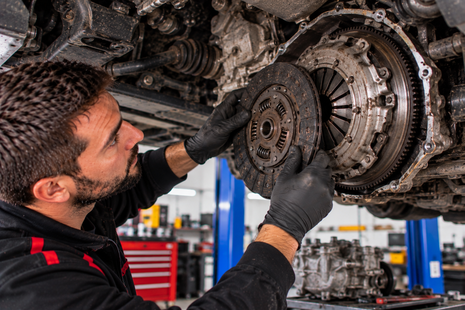 Mechanic inspecting the clutch assembly under a vehicle
