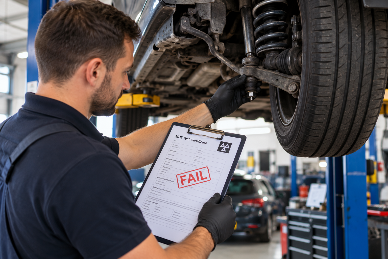 Mechanic inspecting suspension components identified during an MOT failure