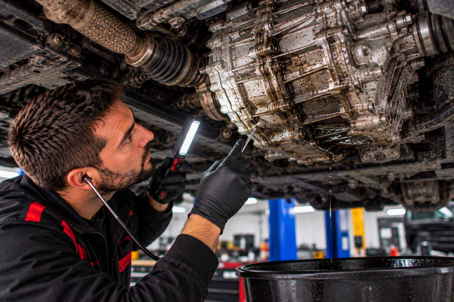 Mechanic inspecting a leaking transmission