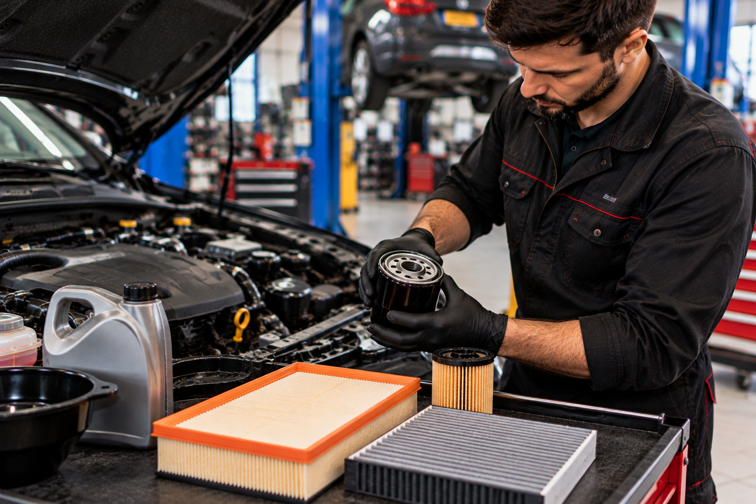 Mechanic inspecting oil filter during full car service