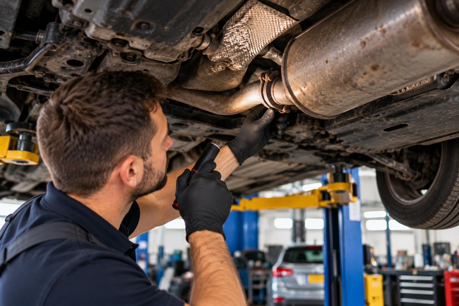 Mechanic inspecting an exhaust system and undercarriage for leaks and corrosion