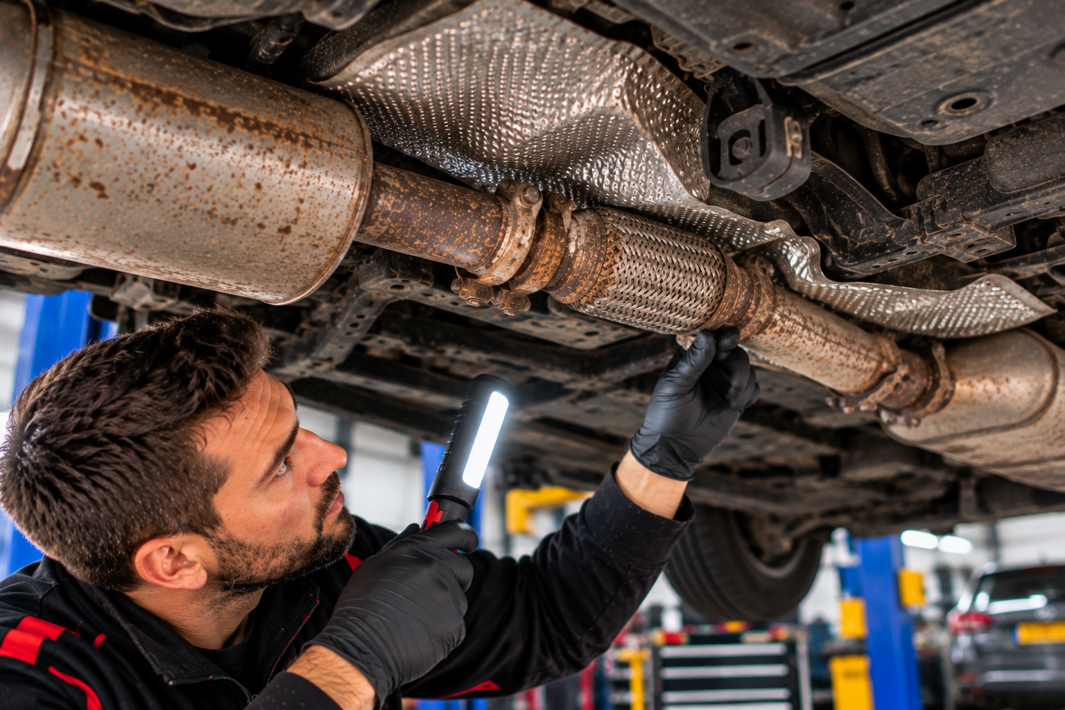 Mechanic inspecting a corroded exhaust pipe