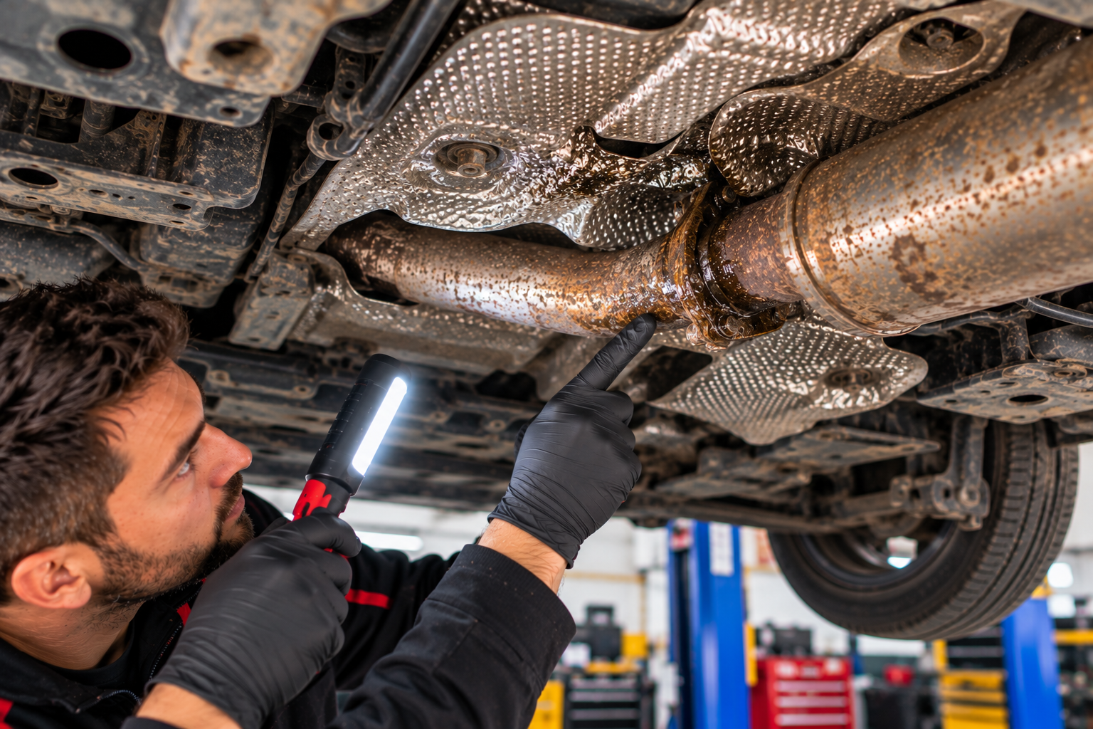 Mechanic checking an exhaust leak and rattling components
