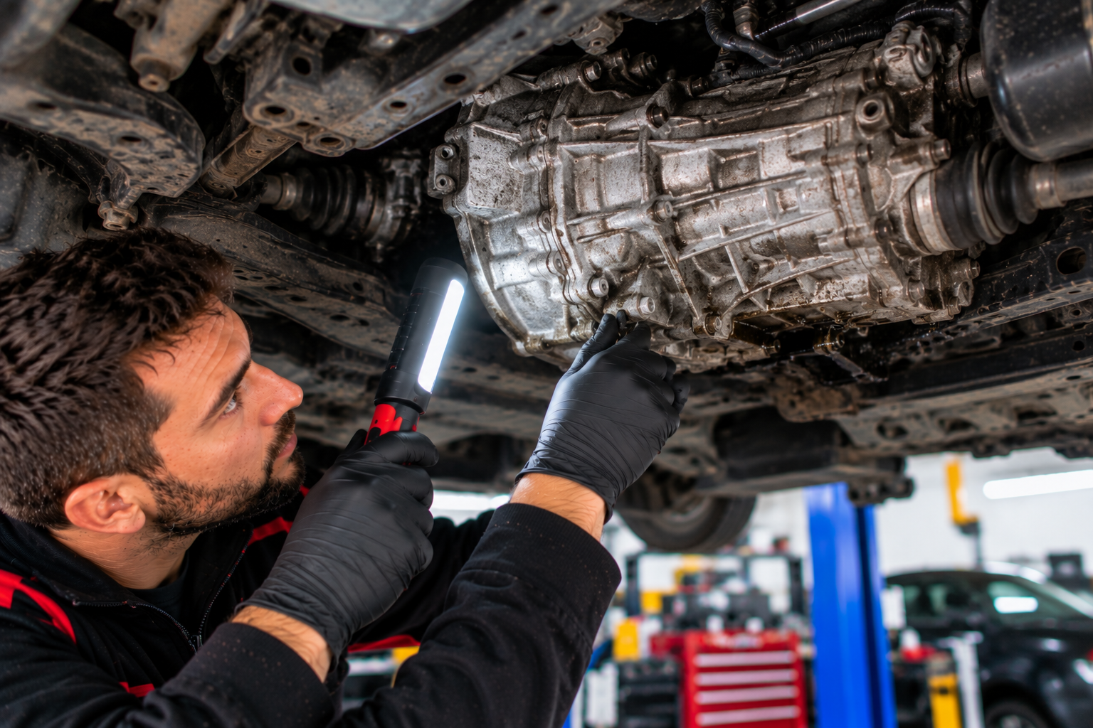 Mechanic inspecting a vehicle gearbox and related controls