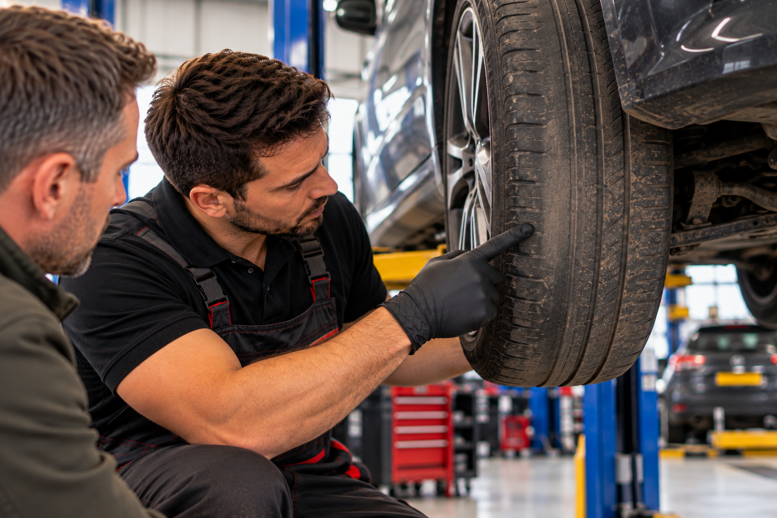 Mechanic inspecting uneven tyre wear that may be linked to suspension or alignment