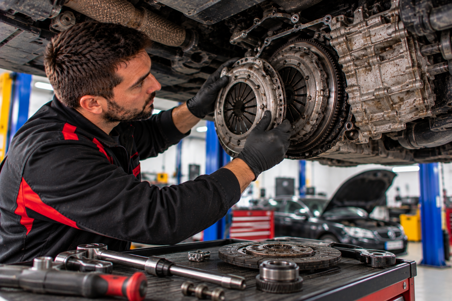 Mechanic replacing a clutch under a lifted car