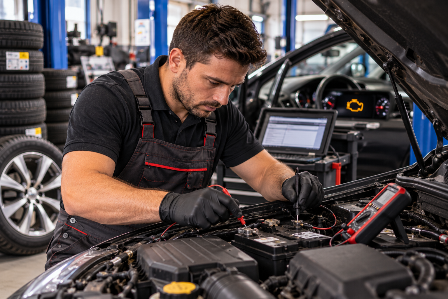 Mechanic testing a vehicle battery and checking electrical condition