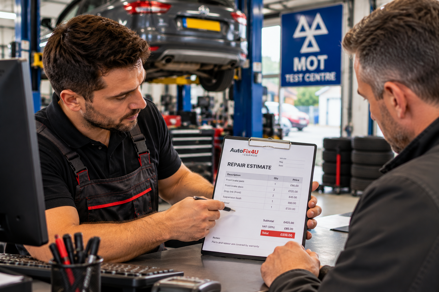 Mechanic preparing a repair estimate for MOT work in a garage